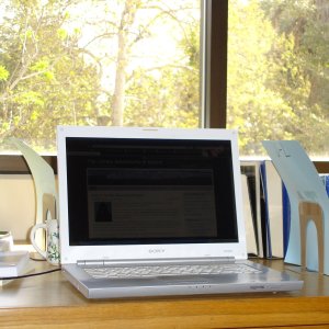 Image of an open laptop with dark screen on a wooden desk facing large windows showing a bright sunny day and trees in the background.