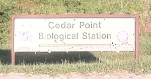 White sign edged in brown wood that reads Cedar Point Biological Station.